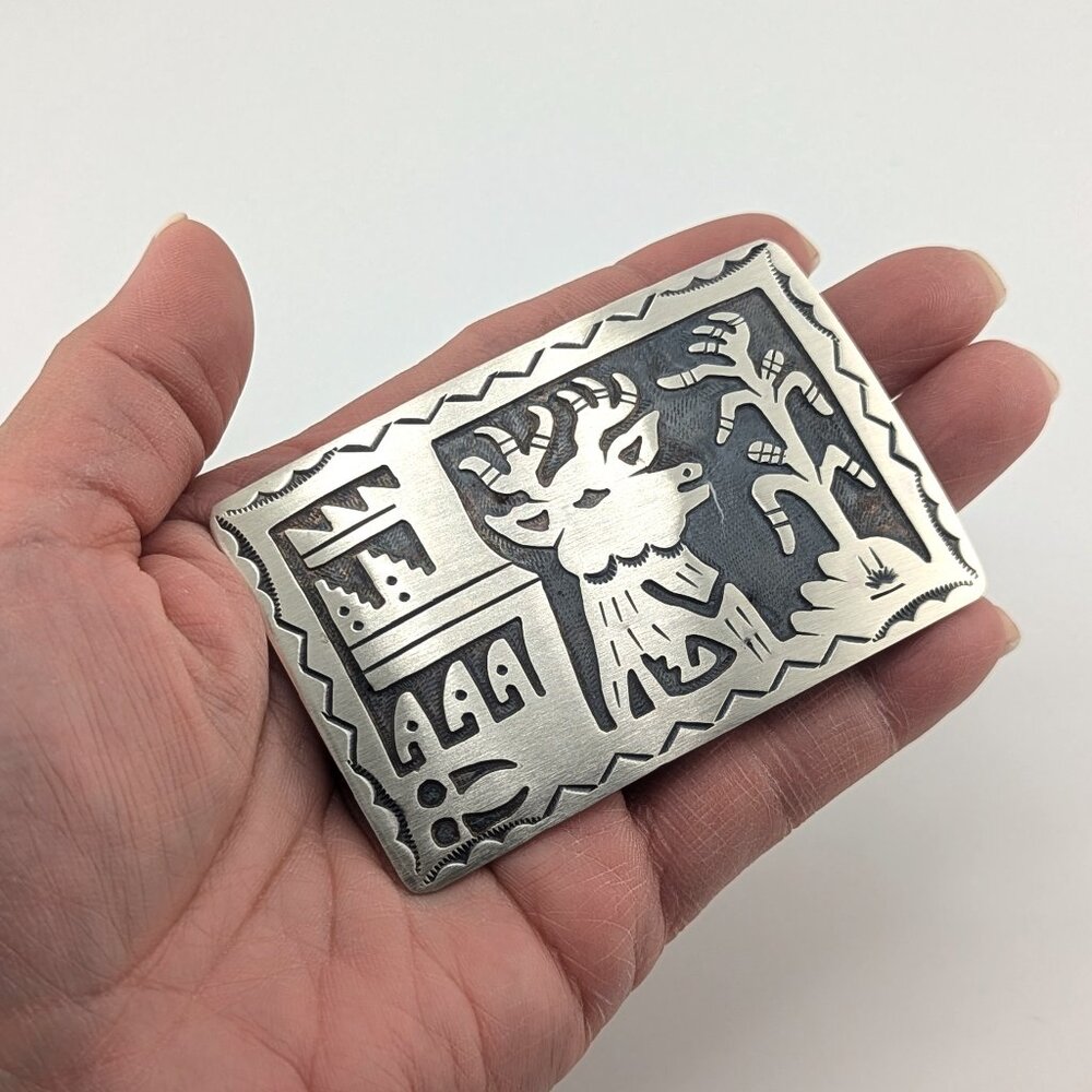 Native American Sterling Silver Belt Buckle Overlay Design Collectible Jewelry**